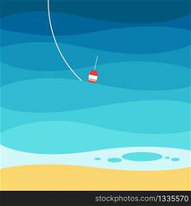 Fishing illustration flat vector isolated background, trrendy waved water backdrop of nature fish catching leisure.