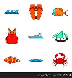 Fishing in the sea icons set. Cartoon set of 9 fishing in the sea vector icons for web isolated on white background. Fishing in the sea icons set, cartoon style
