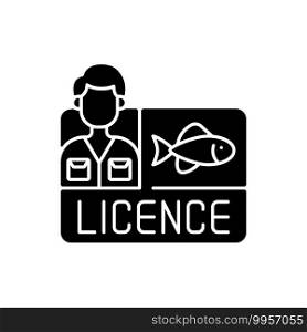 Fishing licence black glyph icon. Permission to catch fish. Ecological legislation. Nature saving strategy. Fishing contest. Silhouette symbol on white space. Vector isolated illustration. Fishing licence black glyph icon