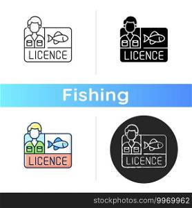 Fishing licence icon. Permission to catch fish. Ecological legislation. Nature saving strategy. Fishing tools. Fishing contest. Linear black and RGB color styles. Isolated vector illustrations. Fishing licence icon