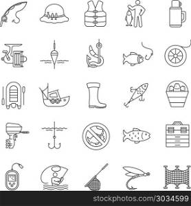 Fishing linear icons set. Fishing linear icons set. Angling equipment. Thin line contour symbols. Isolated vector outline illustrations