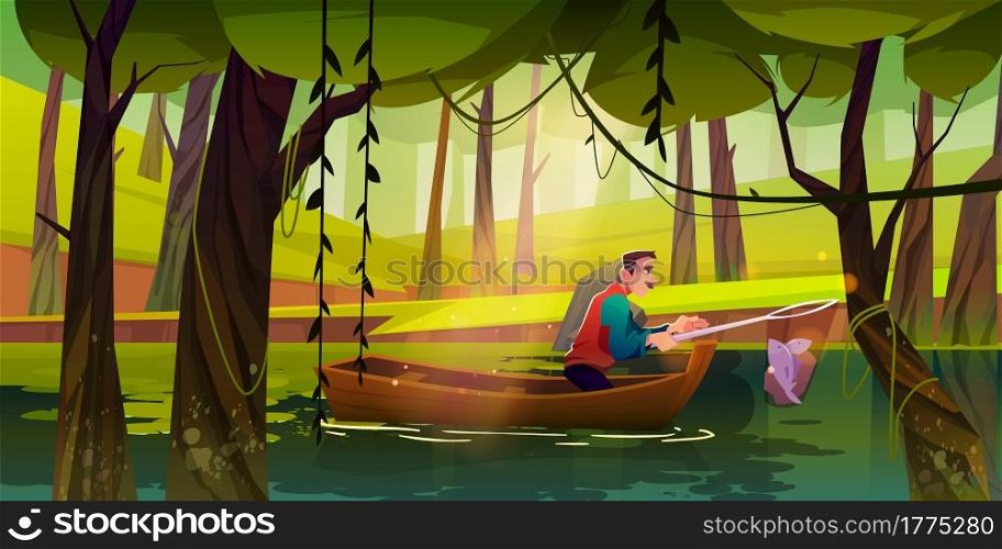 Fishing man in boat catching fish in net on forest lake or pond at summer time. Mature male character with haul in skip, recreational hobby, summertime activity, leisure, cartoon Vector illustration. Fishing man in boat catching fish in net on lake