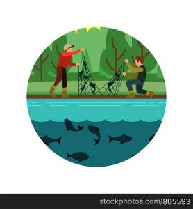 Fishing men with fish and equipment vector emblem icon illustration. Fishing men with fish and equipment vector emblem