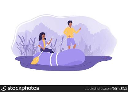 Fishing, nature, tourism, recreation, holiday concept. Young couple in love man woman boy girl tourists cartoon characters catching fish in boat on mountain lake. Active lifestyle on summer vacation.. Vacation, fishing, nature, couple, tourism, recreation, holiday concept