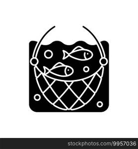 Fishing net black glyph icon. Commercial fishing gear. Harvesting of marine food. Fishing Gear. Fish habitat. Industry. Silhouette symbol on white space. Vector isolated illustration. Fishing net black glyph icon