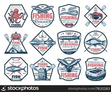 Fishing outdoor adventure icons, tuna, trout and eel big fish catch tournament. Vector fisherman store signs, seafood octopus, squid and crab, paddle boat and rod hook, bait lures for pike and carp. Fishing icons, fish and seafood catch tackles