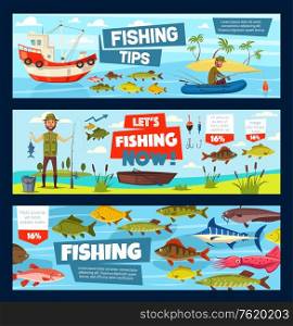 Fishing outdoor adventure infographic diagrams. Vector fisherman boat on lake, fishery ship in ocean and fishing equipment, tackles, rod and lures for seafood squid and octopus, trout or tuna and pike. Fishing boat, fisher fish catch tackles equipment