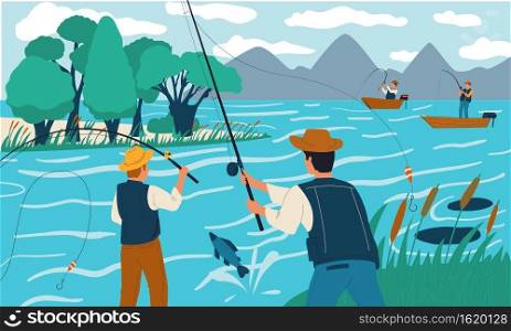 Fishing. People fish with rods from shore or on boat. Cartoon scene with happy fishermen on lake. Outdoor recreational activity and holiday leisure. Males hobby. Vector summer vacation illustration. Fishing. People fish with rods from shore or on boat. Scene with happy fishermen on lake. Recreational activity and holiday leisure. Males hobby. Vector summer vacation illustration
