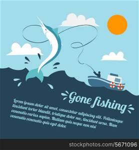 Fishing poster with boat and fishermen catching swordfish vector illustration