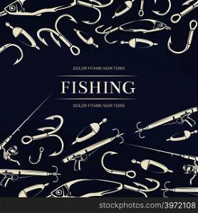 Fishing poster with hook, fishing rod and gun and fish. Vector illustration. Fishing poster with hook, fishing rod
