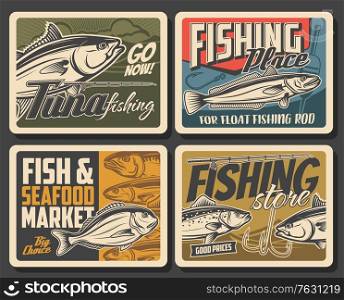 Fishing posters, fish and fisherman rod for sea tuna, lake trout and bass, vector. Sea and ocean fishing big catch market, fisher baits and lures store, hook for dorada and scomber fish. Fishing posters, fish and fisherman rod for tuna