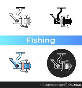 Fishing reel icon. Basic fishing equipment item. Spining part. Fishing line wound on a fishing reel. Fishing contest. Linear black and RGB color styles. Isolated vector illustrations. Fishing reel icon
