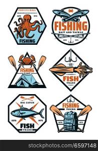 Fishing retro badges with fish and fisherman tackle. Salmon, fishing rod and hook, crab, squid and octopus sea animal, paddle, tent and backpack vintage symbols for fisher sport club emblem design. Fishing sport badges and icons with fish and hook