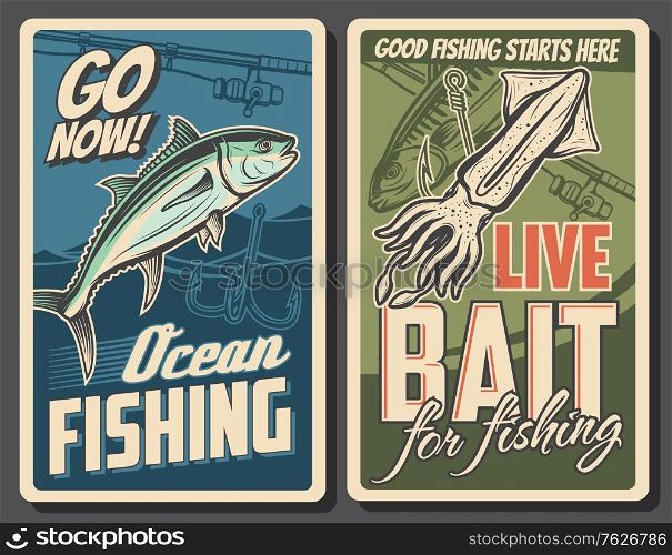 Fishing retro posters, tuna fish and squid catch, vector fisher rods and hooks. Professional sea and ocean fishing baits, rods and lures for tuna and squid seafood. Fishing retro posters, tuna fish and squid catch