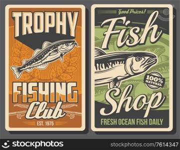 Fishing retro posters. Vector mackerel and codfish with rods and laurel wreath. Fishing club tournament, fisherman equipment, trophy or fish tackle. Active sport competition, outdoor activity or hobby. Fishing retro posters. Vector mackerel and codfish