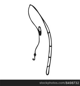 Fishing rod in doodle style. Equipment for catching fish in a river, sea or ocean. Vector illustration.. Fishing rod in doodle style. 