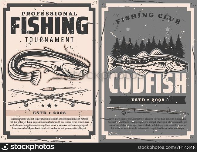 Fishing rods, catfish and cod fish vector design of fisherman sport club tournament. Fish with fisher tackle, reels, lines and float retro posters of outdoor recreation, hobby, sporting competition. Fishing sport rods, catfish and cod fish