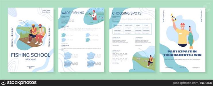 Fishing school flat vector brochure template. Catch fish. Flyer, booklet, printable leaflet design with flat illustrations. Magazine page, cartoon reports, infographic posters with text space. Fishing school flat vector brochure template