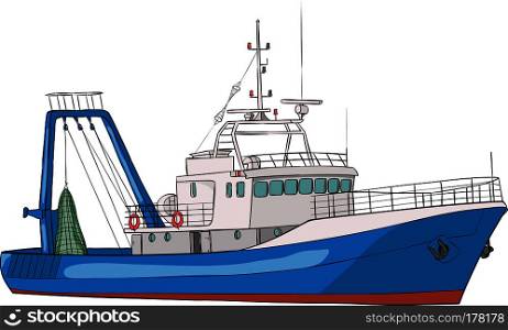 Fishing seiner of blue color on a white background.. Vector. Fishing boat.
