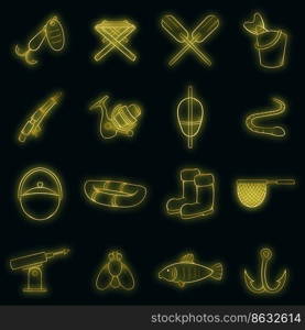 Fishing set icons in neon style isolated on a black background. Fishing icons set vector neon