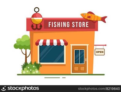 Fishing Shop Selling Various Fishery Equipment, Bait, Fish Catching Accessories or Items on Flat Cartoon Hand Drawn Templates Illustration