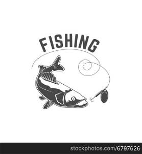 Fishing. Silhouette of pike-perch, which lacks trolling. Design element for logo, label, emblem, sign. Vector illustration.