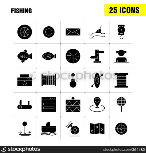 Fishing Solid Glyph Icon Pack For Designers And Developers. Icons Of Wheel, Gear, Circle, Reel, Fish, Fishing, Fishing Reel, Vector