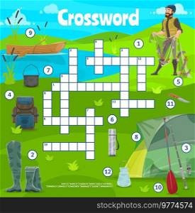 Fishing sport and c&ing items crossword puzzle quiz game grid worksheet. Cartoon vector fisherman, boots, spinning, backpack, fishnet and bowler, tent, boat, paddle and knife, cage. Fishing sport and c&ing items crossword puzzle