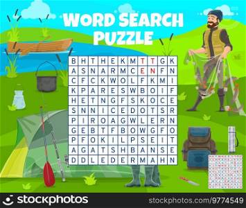 Fishing sport and c&ing, word search puzzle game worksheet, vector kids quiz. Game grid riddle to search word of fisher rod, paddle boat or backpack and knife, c&ing tent and boots with. Fishing sport and c&ing, word search puzzle game