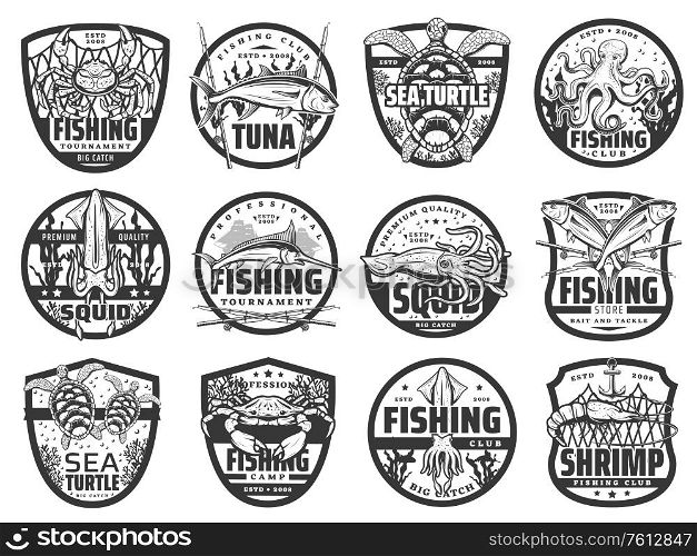 Fishing sport and hobby vector icons. Isolated fisherman tournament labels with crab and squid, sea turtle and octopus, marlin fish and underwater seaweeds. Monochrome professional fishing club icons. Fishing sport and hobby vector icons