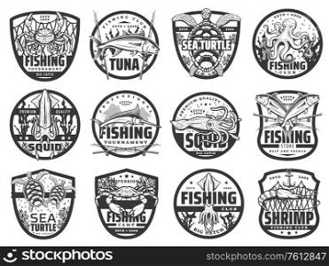Fishing sport and hobby vector icons. Isolated fisherman tournament labels with crab and squid, sea turtle and octopus, marlin fish and underwater seaweeds. Monochrome professional fishing club icons. Fishing sport and hobby vector icons