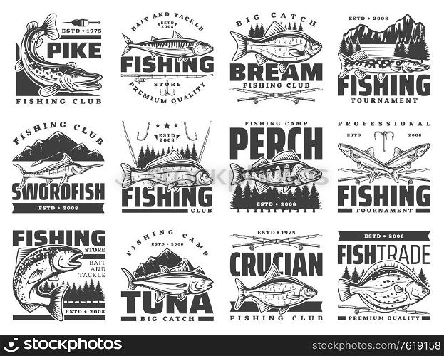 Fishing sport and leisure icons, fish lures and fisherman hooks for salmon and tune. Fishing tournament rods for river pike, ocean flounder, and sea swordfish, perch and bream, crucian and mackerel. Fishing sport, leisure icons, fisherman fish hooks