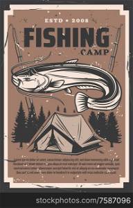 Fishing sport camp vector design of fish, fisherman rod, hook and tourist tent with forest trees. Fishing tackle and bait, tourist equipment and catfish retro poster of outdoor hobby themes. Fishing rods and fish, tourist or fisherman tent