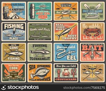 Fishing sport, camping and tourism retro metal signs. Vector fishery equipment, fish and camp tent, flounder and cooking cauldron. Boat crossed paddles, eel and salmon, hooks and baits, rods. fishing sport, tackles, hooks retro signs