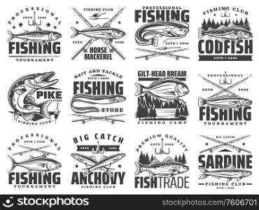 Fishing sport club badges, fishes and rod hooks tackle vector icons. Fisherman tournament of big fish catch, ocean tuna, sea bass and horse mackerel, sardines and ocean anchovy, river pike and catfish. Sea and river fishing sport icons
