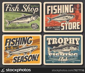 Fishing sport club retro posters with vector ocean fish, fishing rod, boat and fisherman tackle. Salmon, bass, catfish and anchovy, spinning rods, hooks, ship and float with water waves. Fishing sport club poster, fish, rod, boat, tackle