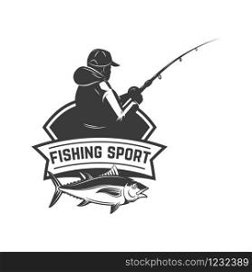 Fishing sport. Emblem template with fisherman and tuna fish. Design element for logo, label, sign, poster. Vector illustration