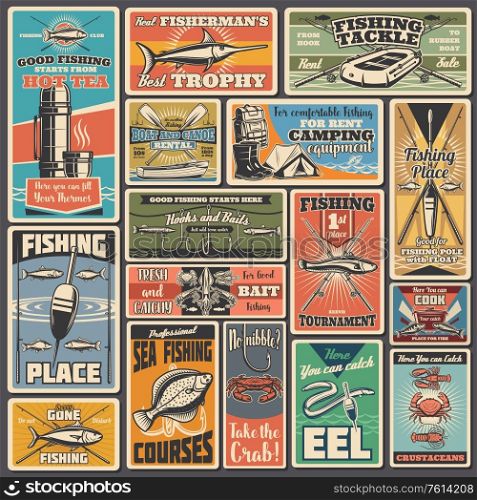 Fishing sport equipment and items vector posters. Fisherman tournament, boat and canoe rental service. Professional fishing sport, tackle and bobber, fishing rod, camping equipment, fish and bowls. Fishing sport equipment vector posters