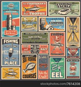 Fishing sport equipment and items vector posters. Fisherman tournament, boat and canoe rental service. Professional fishing sport, tackle and bobber, fishing rod, camping equipment, fish and bowls. Fishing sport equipment vector posters