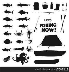 Fishing sport equipment, fish and sea animals black silhouettes set. Vector tent and boat, crab, octopus and lobster, shrimp, squid and tuna, salmon, blue marlin and perch, trout, carp and flounder. Fishing equipment and sea animal silhouettes