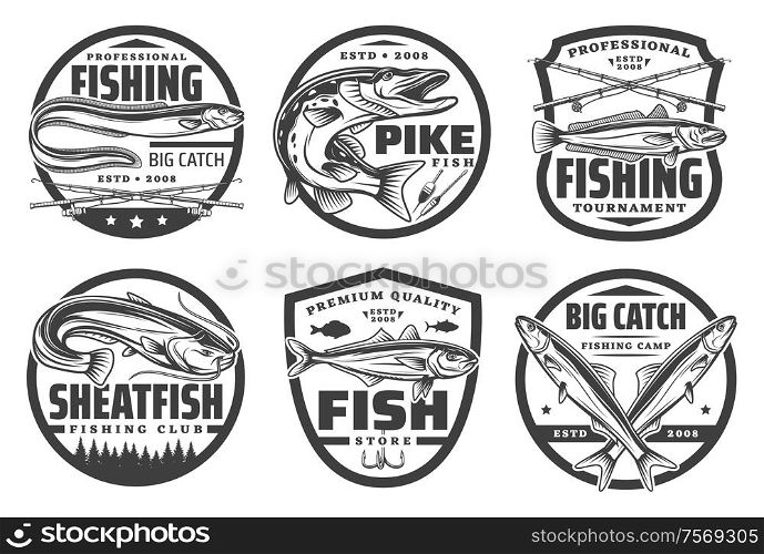 Fishing sport, fisherman hobby isolated monochrome logos. Vector fishery tackles, crossed rods, pike, trout and sheatfish, big catch. Fishing camp, flounder and pike on hook, bait or lure, river lake. Fisherman hobby sport, fishery tackles and fish