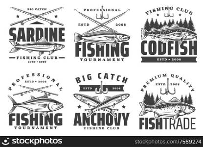 Fishing sport icons, sardine and anchovy, codfish icons. Fishery equipment, fishing rods and baits. Big catch, trophies on fishing sport. Anchovy, sardine and codfish fishing icons
