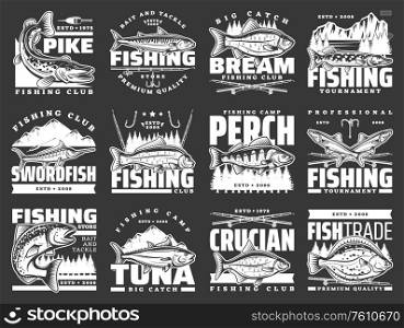 Fishing sport leisure, fish hooks and lure rods vector icons. Fishing club big fish catch tournament for tuna and crucian, pike and flounder, perch, sea mackerel and swordfish, baits and tackles store. Fishing sport, fish hooks and lure rods icons