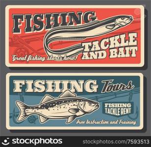 Fishing sport, sea bass and eel fish, tackles and bait posters. Fisherman equipment and fish catch accessories rent. Fishing rods or spinning with hooks and floaters, vector vintage card. Fishing sport, fish, tackles and equipment