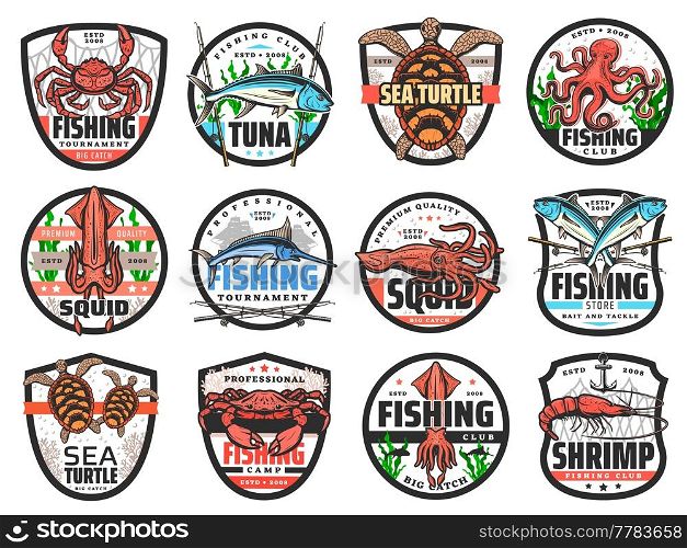Fishing sport vector badges with isolated icons of fish, seafood, fisherman tackle, fishing boats and net. Tuna, marlin, crab and squid, shrimp, octopus, sea turtles and prawn, fisherman club emblem. Fishing sport badges with fish, seafood, tackle