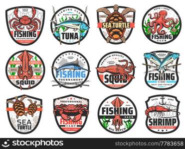 Fishing sport vector badges with isolated icons of fish, seafood, fisherman tackle, fishing boats and net. Tuna, marlin, crab and squid, shrimp, octopus, sea turtles and prawn, fisherman club emblem. Fishing sport badges with fish, seafood, tackle