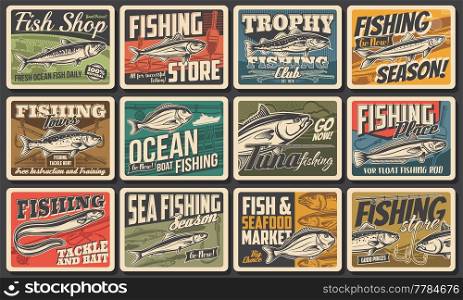 Fishing sport vintage posters, fish and seafood market or fisher catch tournament, vector. Sea fishing for tuna, salmon and sardine, fisher equipment store of rods, tackles and lures. Fishing sport vintage posters, fish seafood market