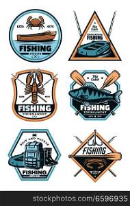 Fishing sport vintage shield badge with fisherman equipment and fish catch. Fish, crab and lobster, rod, hook and boat, boot, backpack and paddle retro grunge icon for fishing tour or camp design. Fishing vintage badge with fish, rod and hook