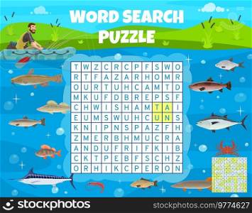 Fishing sport word search puzzle game vector worksheet and kids quiz grid. Puzzle or riddle to find word of fisher catching a fish, tuna and salmon, shrimp and crab, pike in lake. Word search puzzle with cartoon fisher on fishing