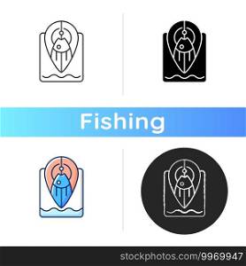 Fishing spot icon. Navigation tip for finding top fishing place. Point on map. Hobby and leasure activity. Fishery tool. Linear black and RGB color styles. Isolated vector illustrations. Fishing spot icon